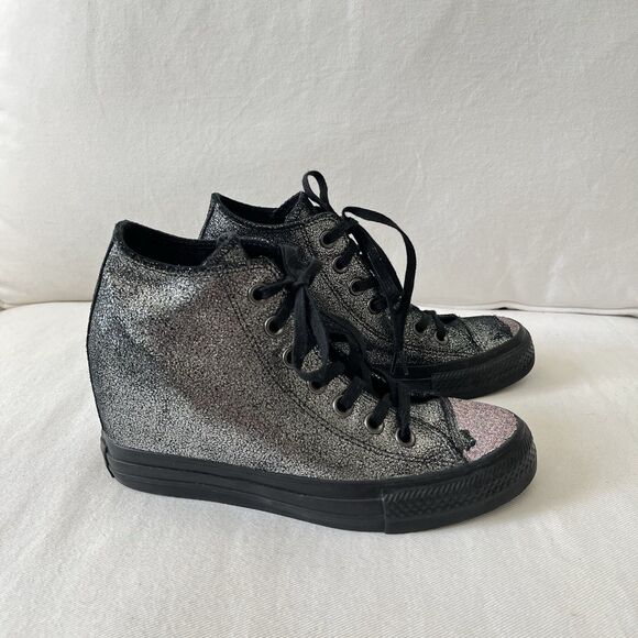Converse Chuck Taylor All Star Hidden Heel Wedge Silver Black Sparkle - Picture 1 of 7
